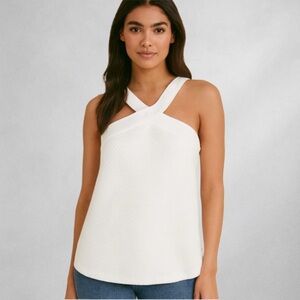 Anthropologie White Ribbed Halter Women’s Tank Top M Cross-Back Sculpted Fit bb